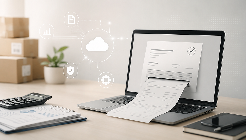 Ambiente de escritório moderno com notebook emitindo nota fiscal eletrônica, documentos financeiros e elementos de automação digital, representando o que é e-faturamento e a automatização da emissão de notas fiscais em empresas.