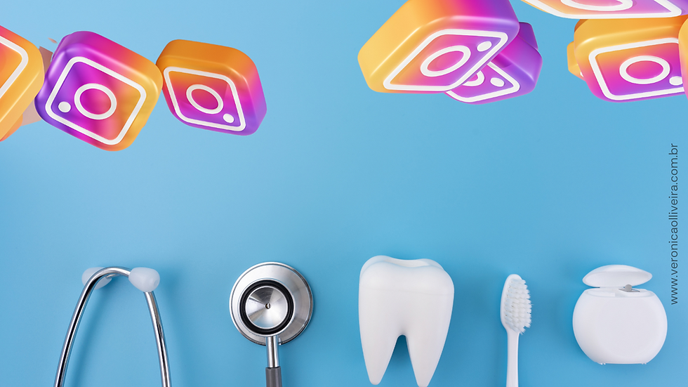 Mesa com itens de dentista e logotipos do Instagram, mostrando o quanto posts para dentistas podem ajudar na captação de novos pacientes