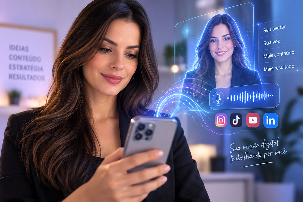 Pessoa segurando celular mostrando um avatar gerado por inteligência artificial na tela