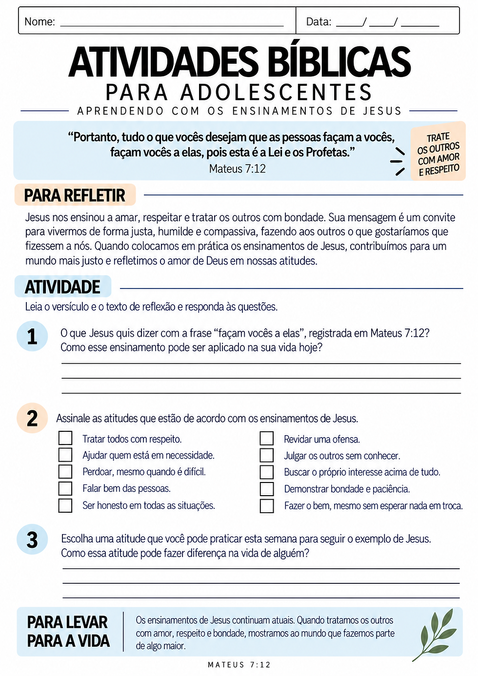 Atividade Bíblica para Adolescente
