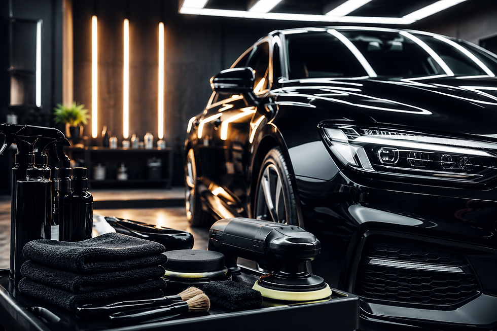 Carro preto com acabamento brilhante em estúdio de estética automotiva, cercado por equipamentos profissionais de polimento e detalhamento automotivo, representando estratégias de marketing para estética automotiva e ideias de posts para redes sociais.