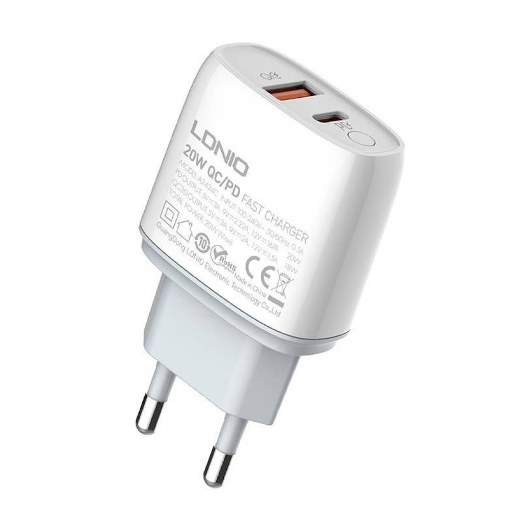 Cargador de pared LDNIO 20W PD/ QC3.0 USB-C(Tipo-C) a Lightning A2424C