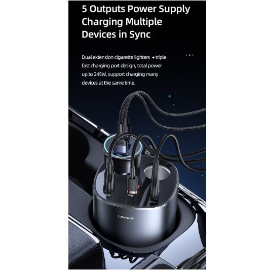 Miniatura: CC151 Cargador de carga rápida para auto 245W 3 puertos + encendedor de cigarro