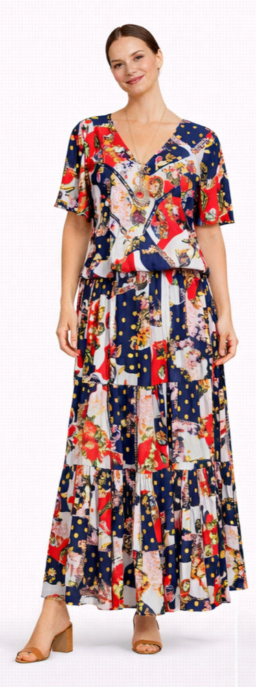 Robe longue, nouée à la taille, ajustable, motif Patchwork Chic