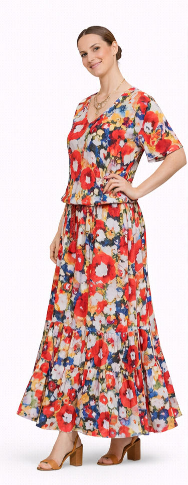 Robe longue, nouée à la taille, ajustable, Fleurie Rouge