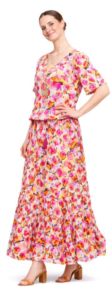 Robe longue, nouée à la taille, ajustable, motif Rose Fleurie