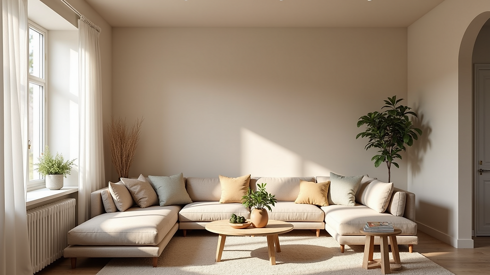 Eye-level view of a freshly painted ceiling in a cozy living room