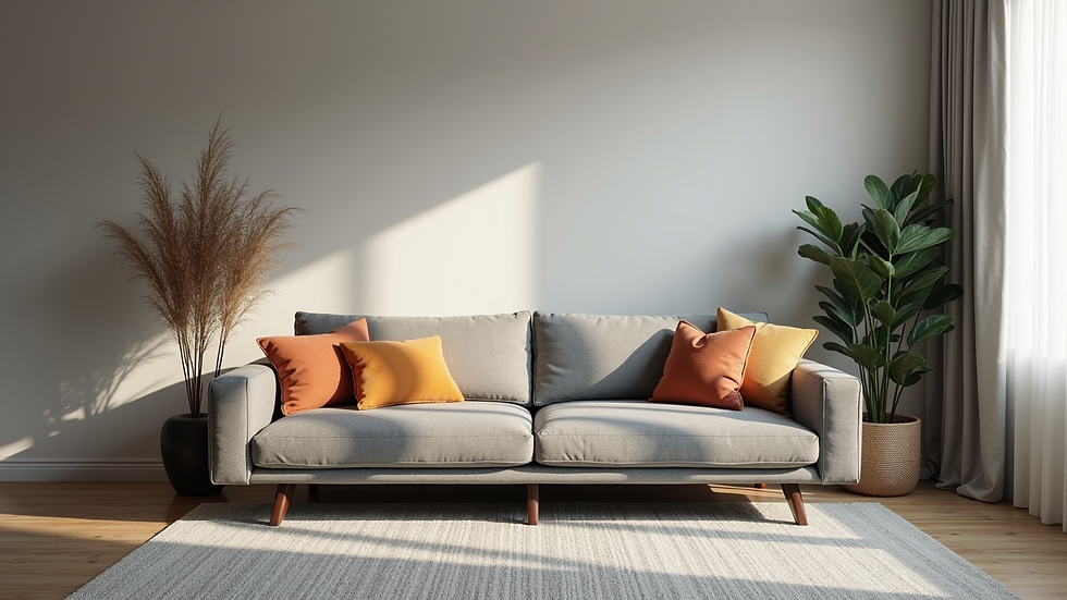 High angle view of a cozy living room with a grey sofa and grey carpet