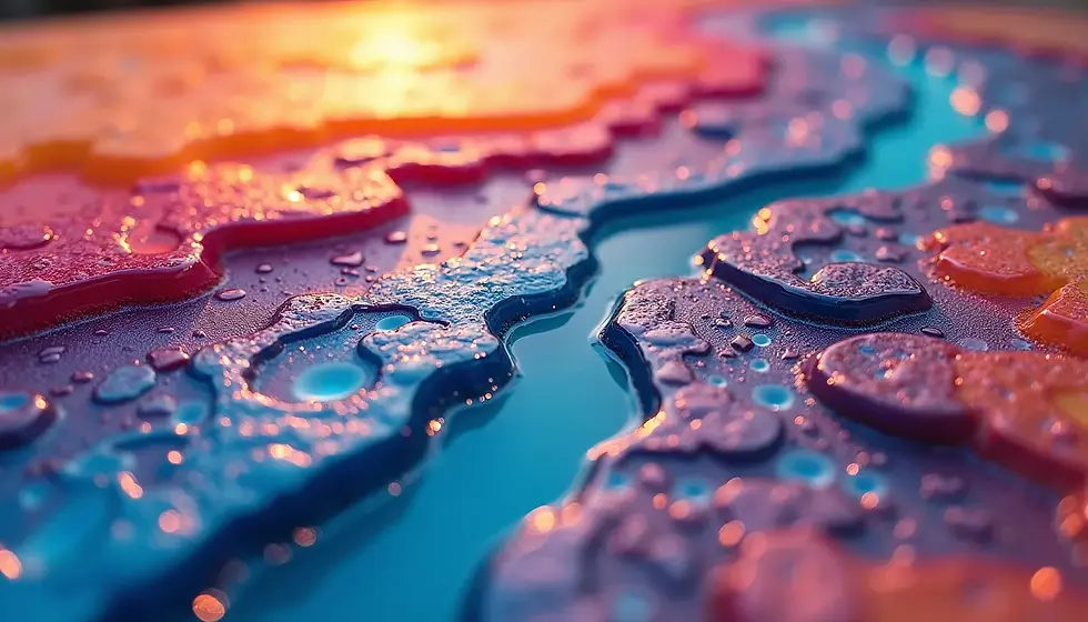 High angle view of a vibrant epoxy art piece with swirling colors