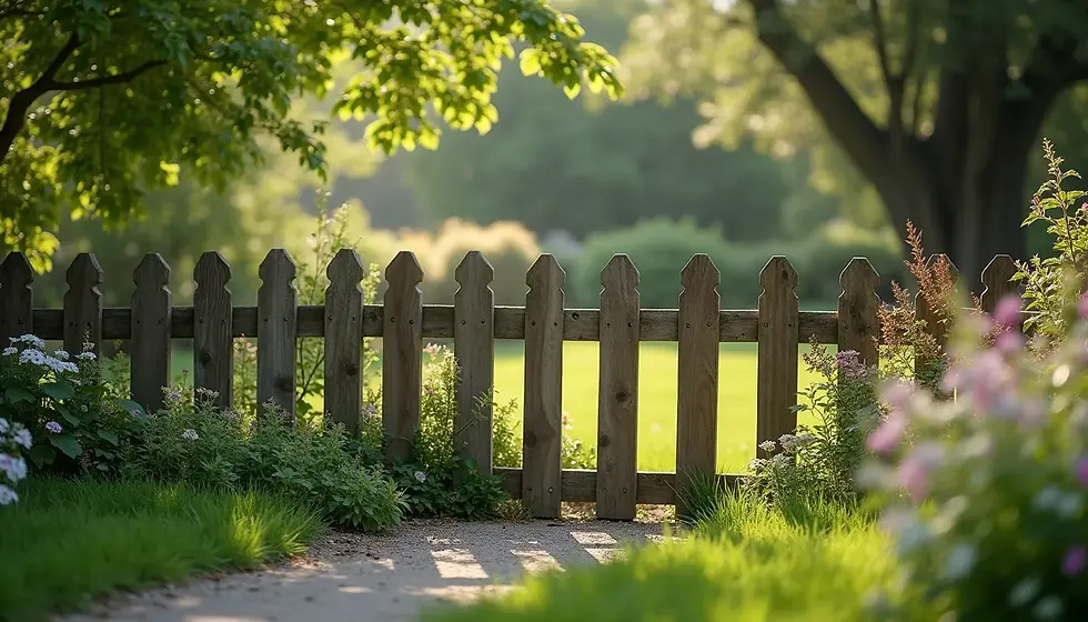 Eye-level view of a wooden fence surrounding a backyard garden