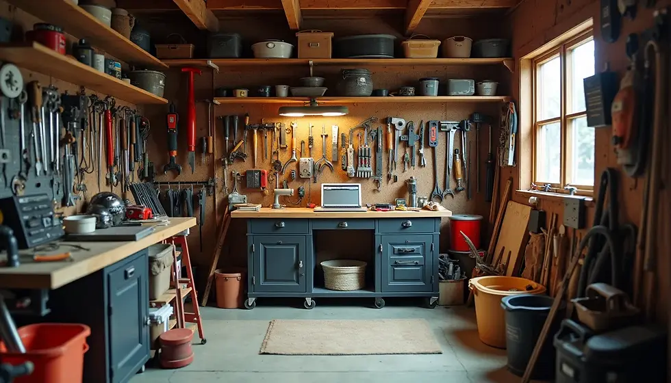 Wide angle view of a well-organized tool shed