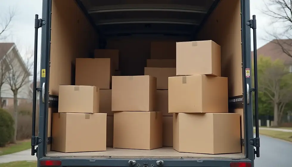 High angle view of a moving truck filled with boxes