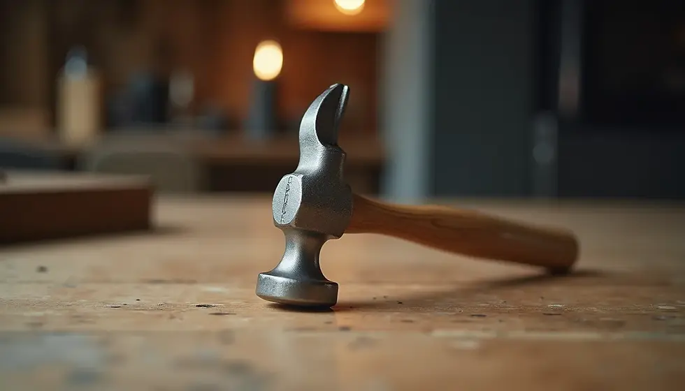 Close-up view of a hammer resting on a wooden surface
