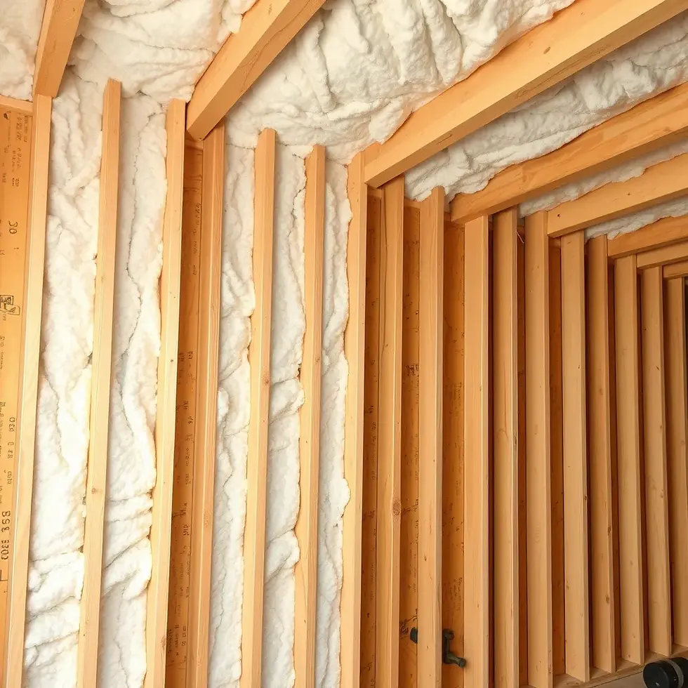 Wooden frame walls with white foam insulation in a bright, unfinished room, showing detailed textures and patterns of construction.