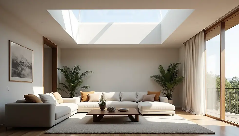 Wide angle view of a custom-designed skylight in a modern living space