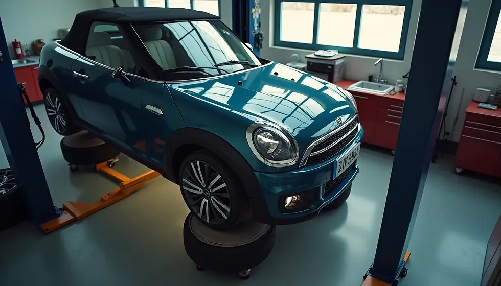 High angle view of a car on a lift during a tire rotation