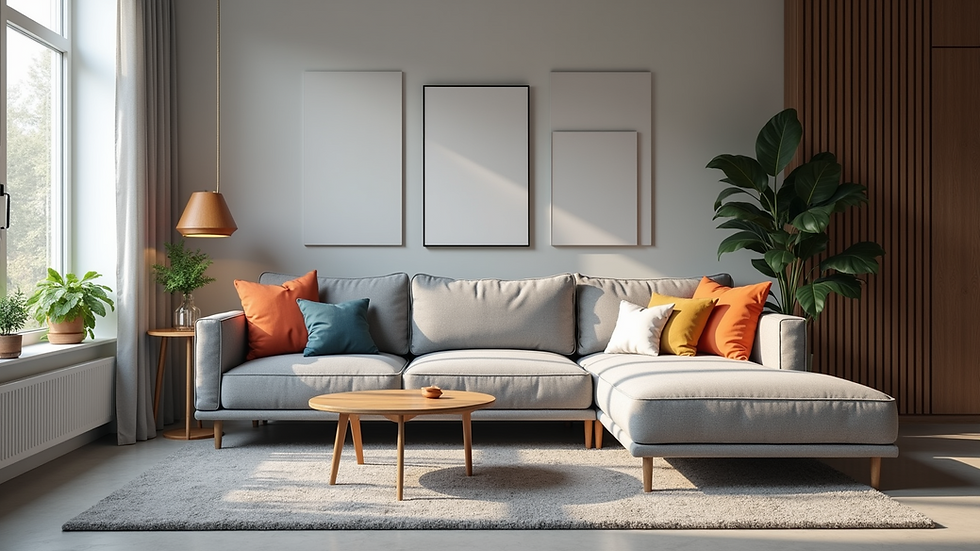 Eye-level view of a stylish living room featuring a grey sofa and grey carpet