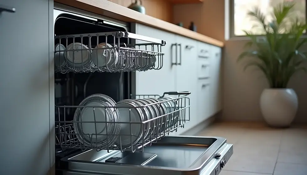 Eye-level view of KitchenAid KDTM404KPS dishwasher with open door