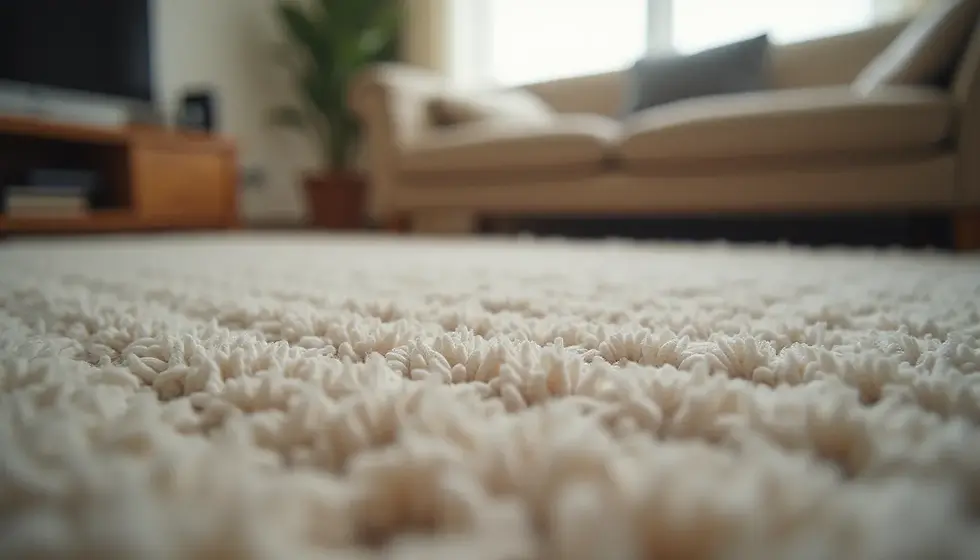 Close-up view of a textured carpet in a living room setting