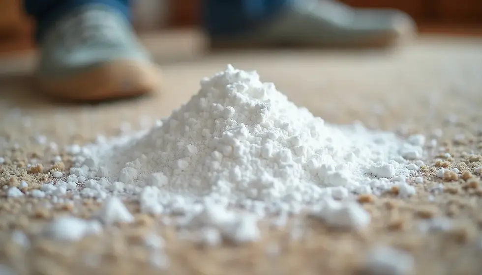 Eye-level view of baking soda sprinkled on a carpet stain