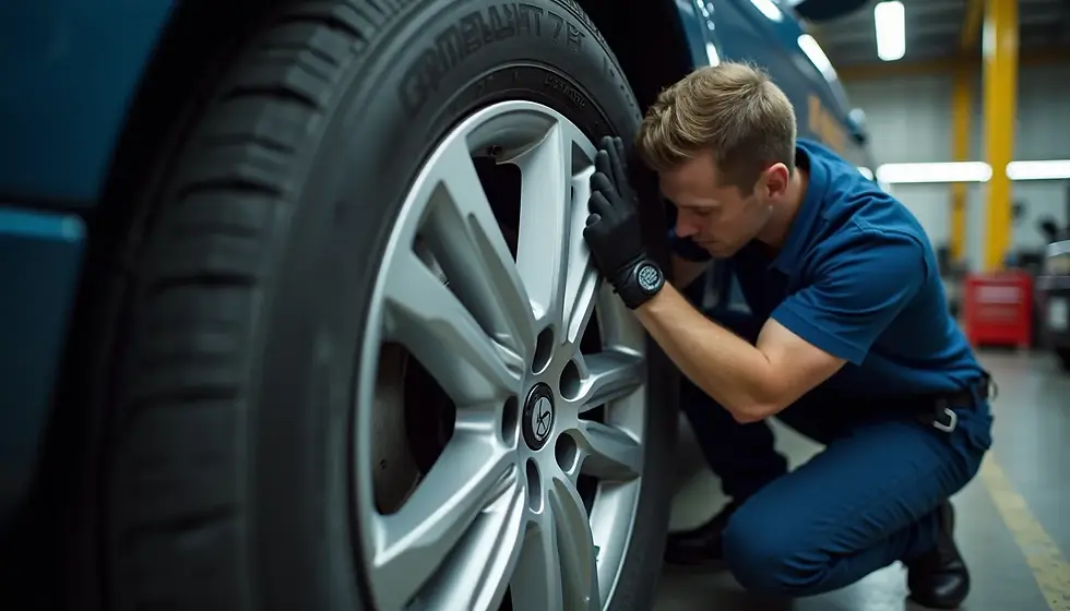 Eye-level view of a mechanic inspecting a tire