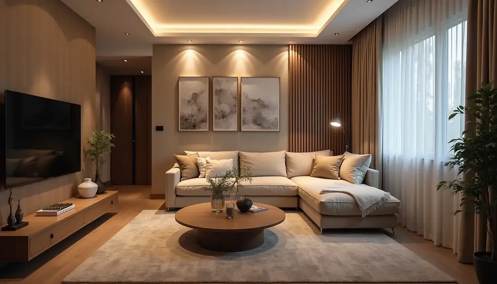 High angle view of smart recessed lights in a contemporary living room
