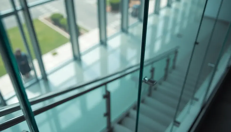 High angle view of a modern metal railing with glass panels