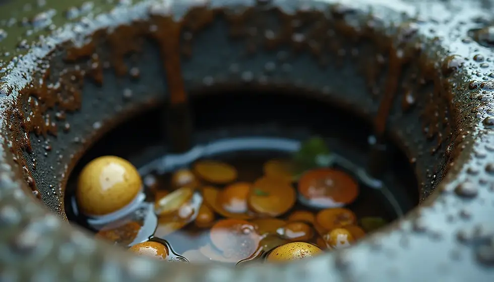 Close-up view of a clogged drain with organic matter