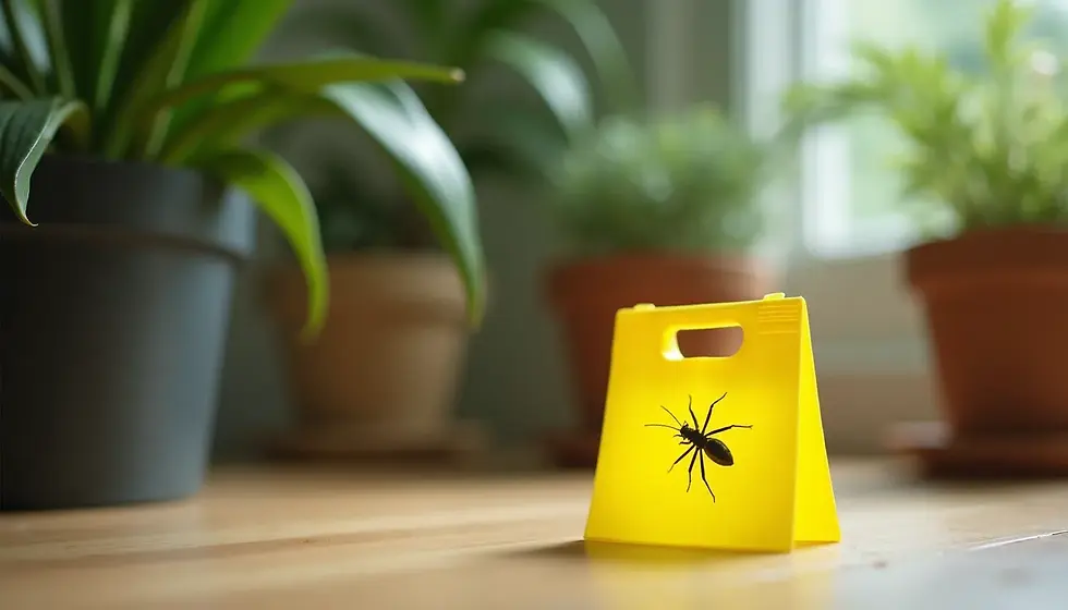 Eye-level view of a yellow sticky trap near a houseplant