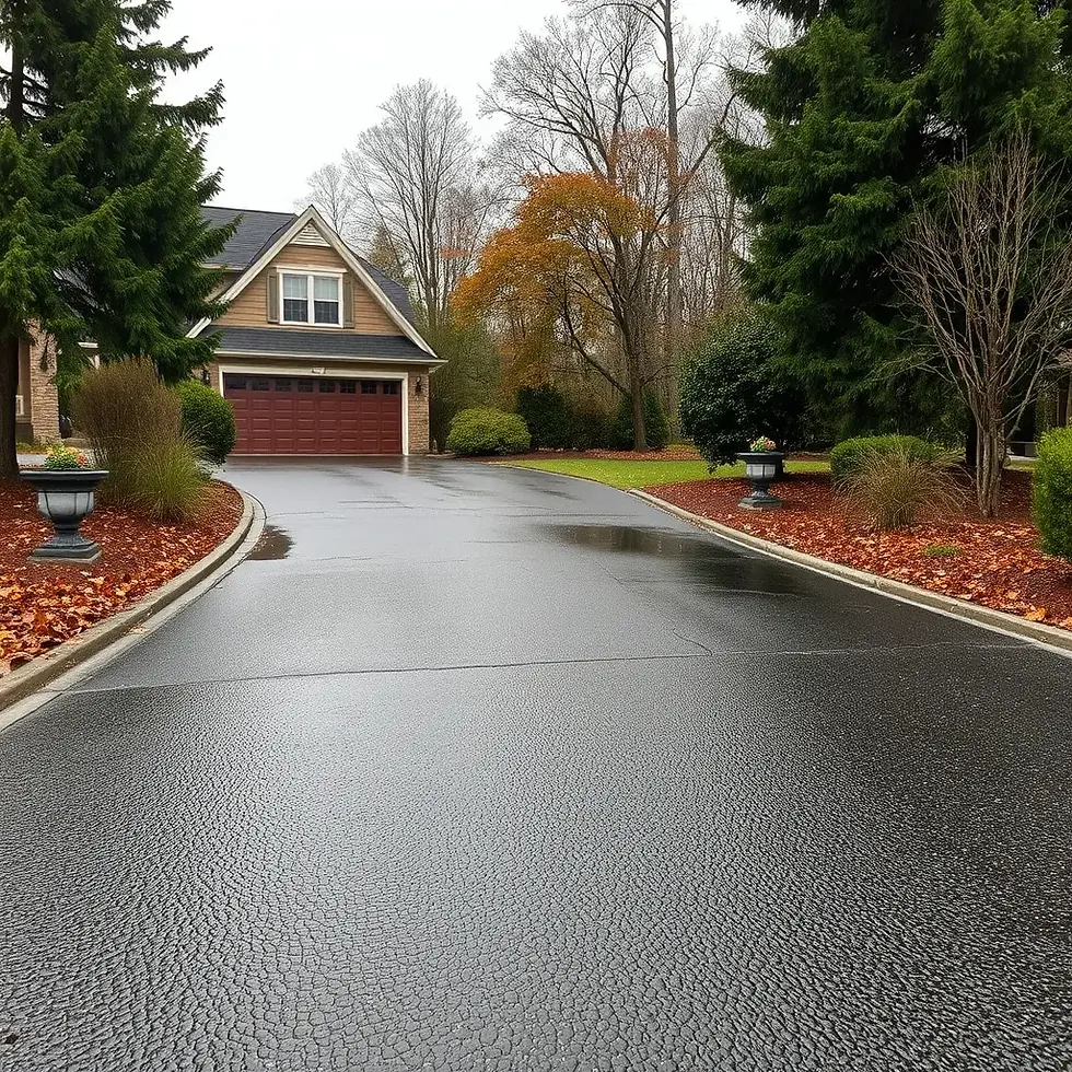 Wet driveway leads to a house with a brown garage door, surrounded by autumn trees and green bushes. Overcast sky; serene and quiet mood.