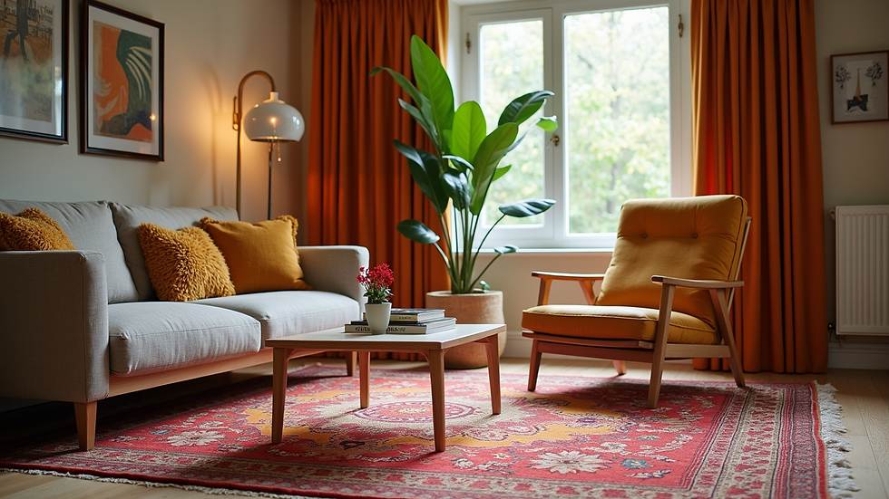 Eye-level view of a cozy living room with a vibrant patterned carpet