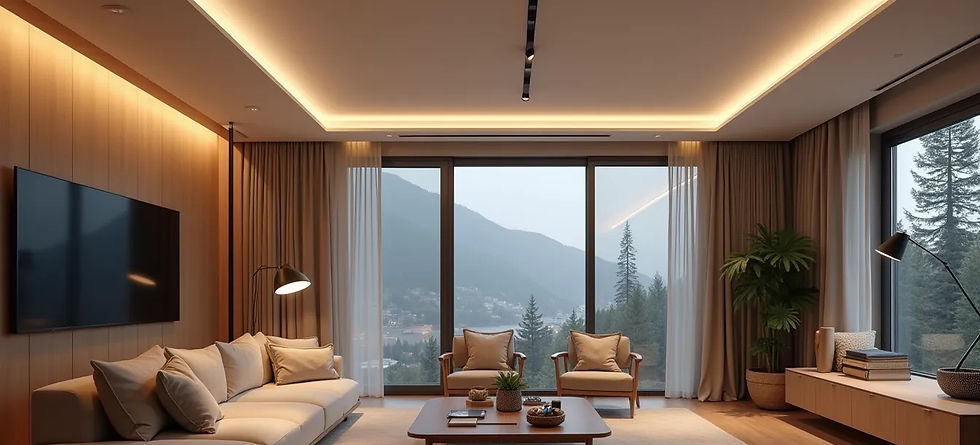 Modern living room with beige furniture, large windows revealing mountain view, potted plants, and warm lighting creating a cozy ambiance.