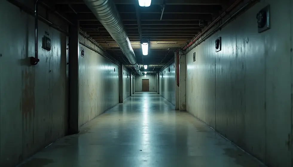 Eye-level view of a basement with exposed pipes