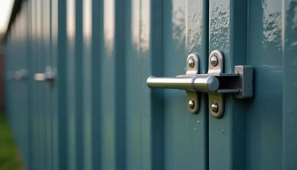 Eye-level view of a metal storage shed with a lock