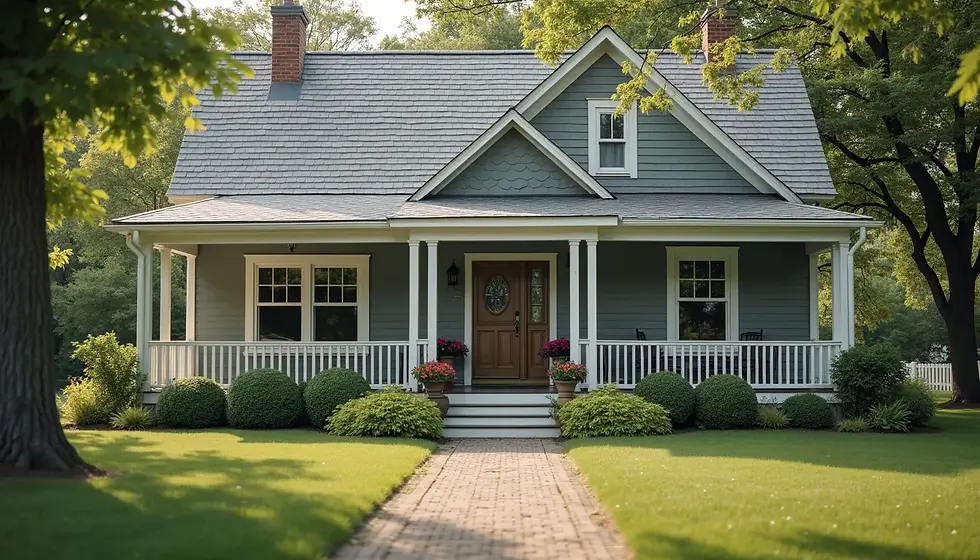 Eye-level view of a soft gray house with a charming porch