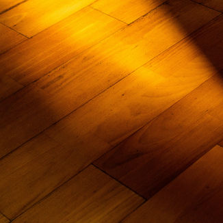 A warm, golden light casts long shadows across a wooden floor, highlighting its natural grain and texture.