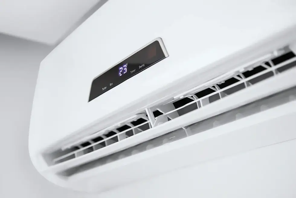 White air conditioner unit on light wall. Display shows 23°C with options like Turbo, Eco. Vents open, sleek and modern look.