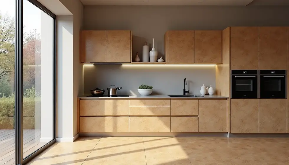 High angle view of a modern kitchen with cork flooring