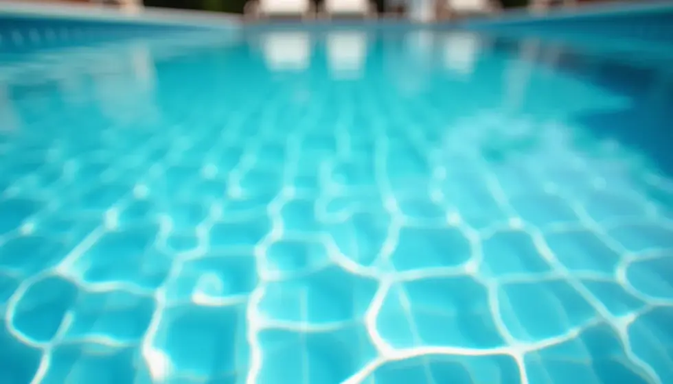 Blurred view of an empty swimming pool with blue water and sunlight reflecting in patterns. Background shows indistinct poolside area.