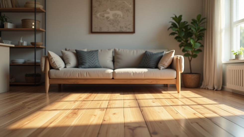 Eye-level view of a beautifully finished wood floor in a cozy living room