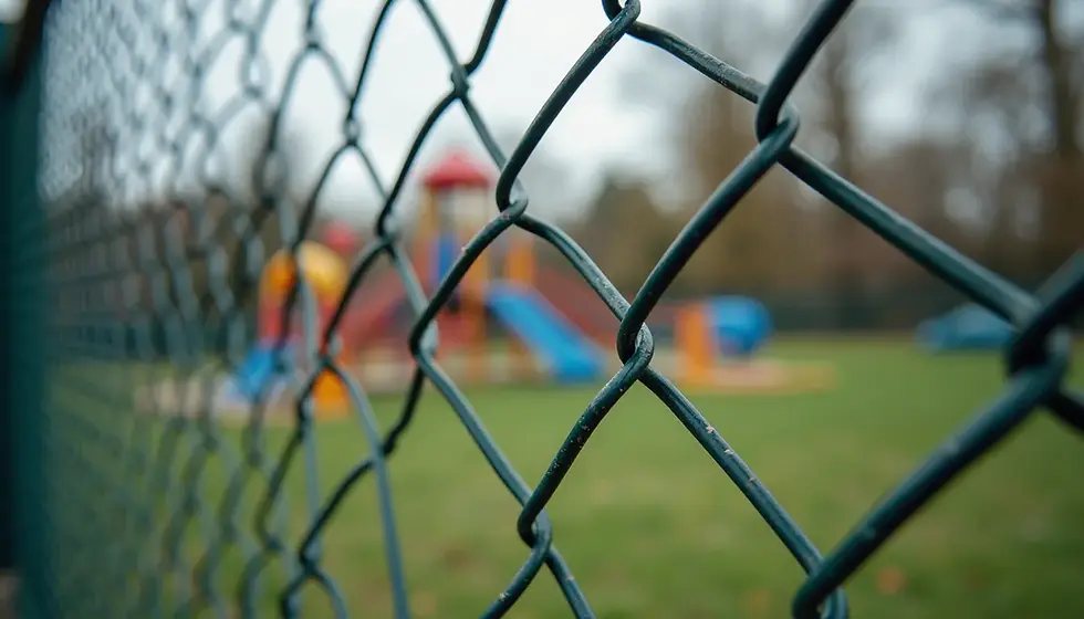 Wide angle view of a chain link fence enclosing a playground