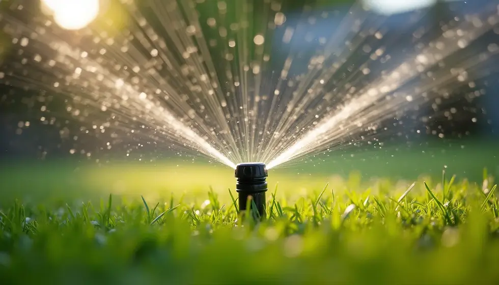 Close-up view of a sprinkler head watering grass