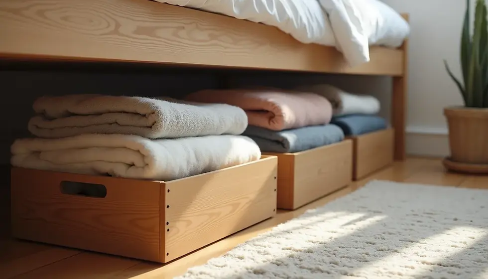 High angle view of under-bed storage bins filled with blankets
