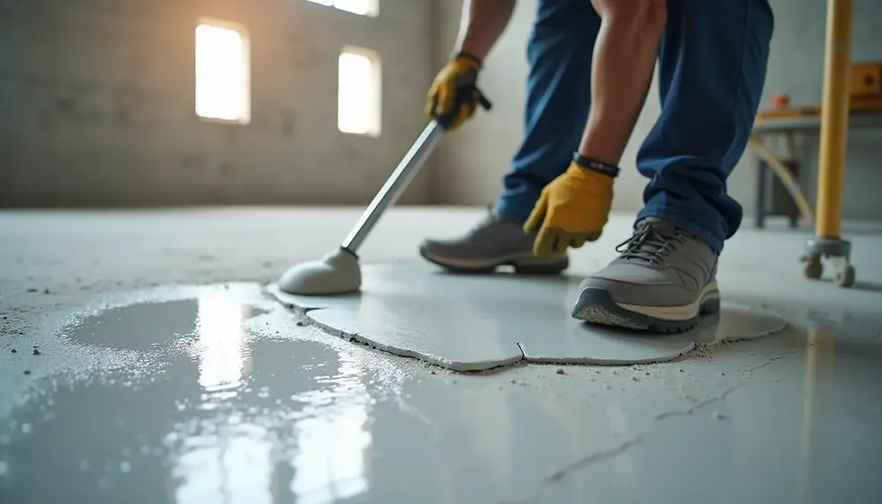 Eye-level view of a construction worker applying epoxy to a concrete surface