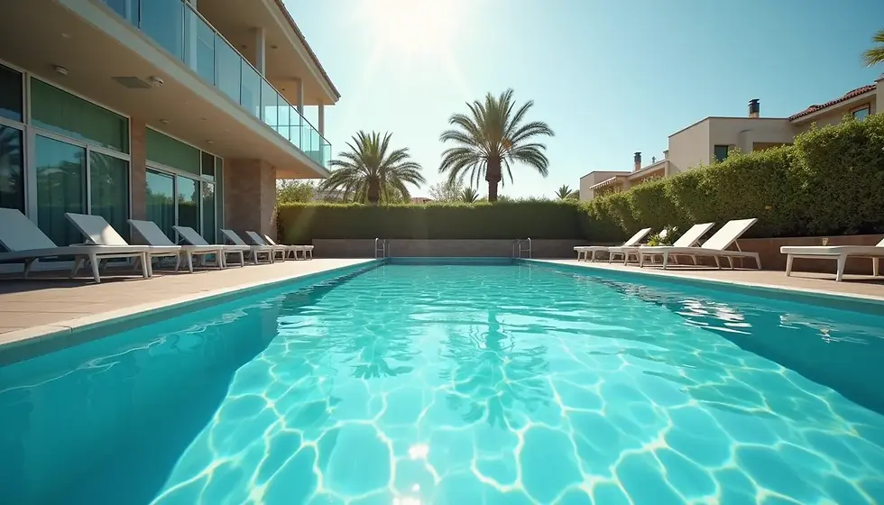 Wide angle view of a sparkling clean swimming pool