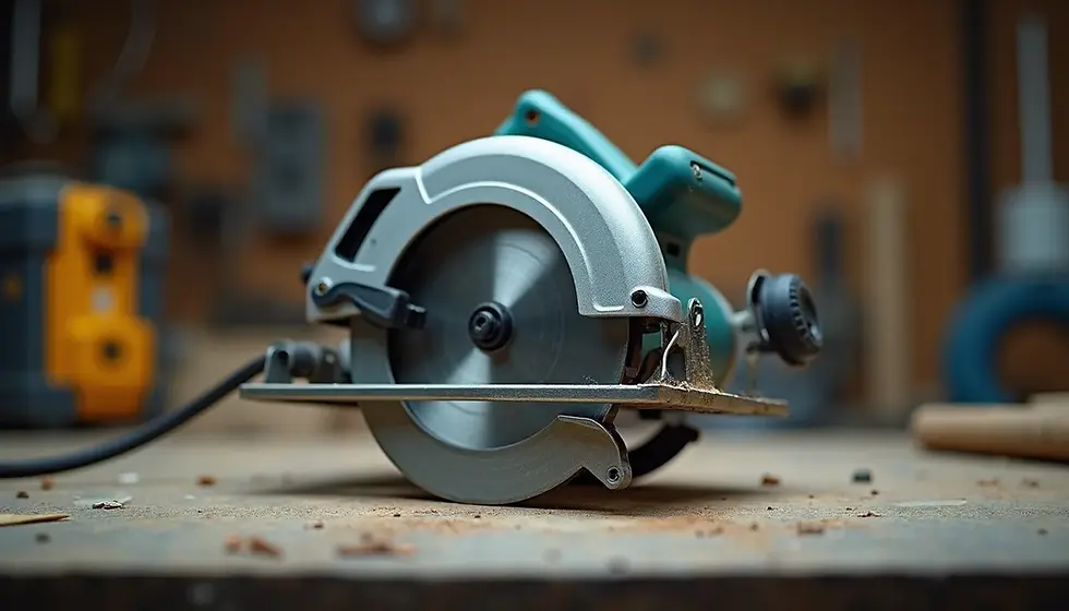 Eye-level view of a circular saw on a workbench