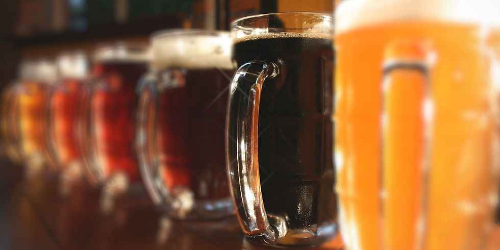 Row of beer mugs filled with different shades of beer on a wooden bar, sunlight reflecting off glass handles, creating a warm ambiance.