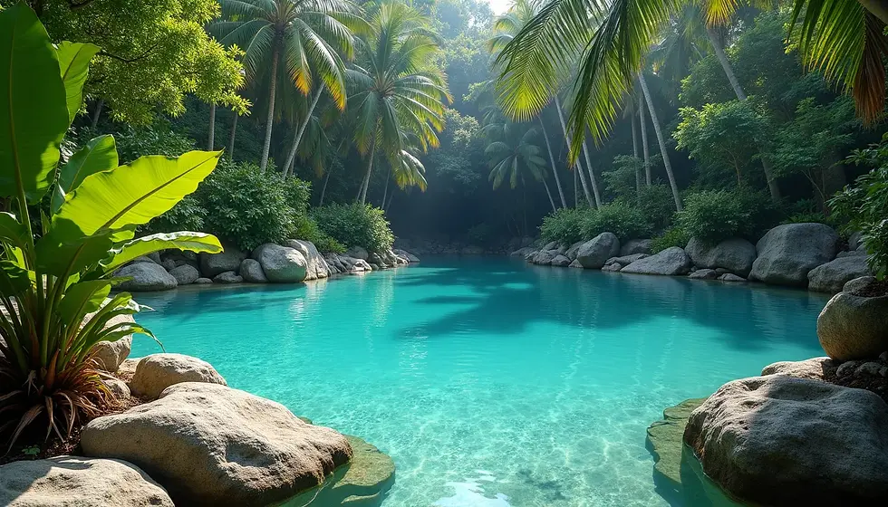 Close-up view of a lagoon pool with rock formations and tropical plants