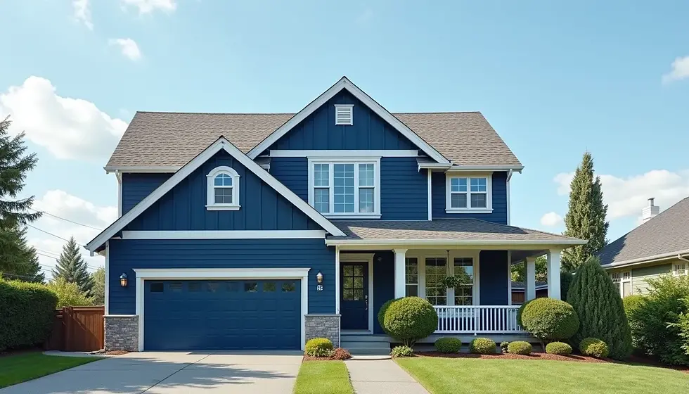 High angle view of a bold navy blue house with white trim