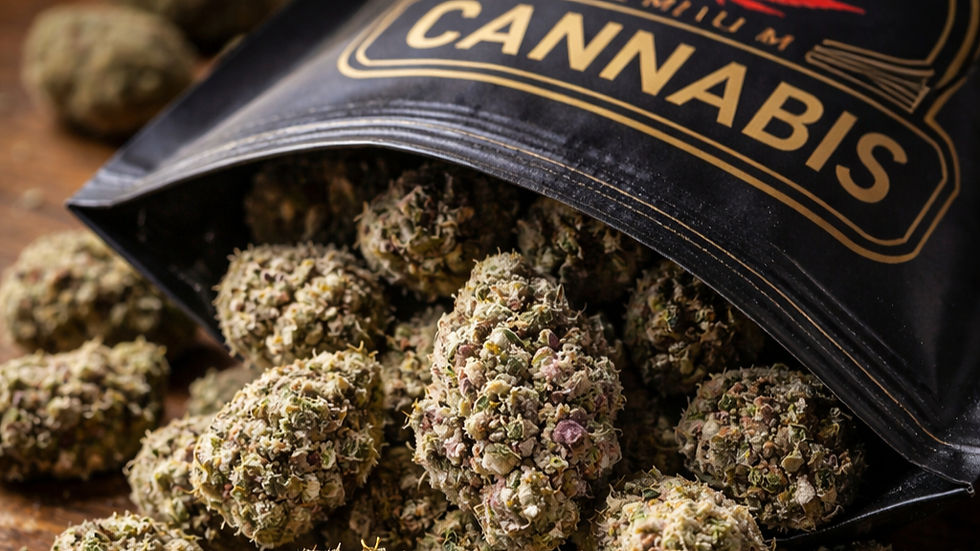 Close-up, Leica-style photograph of a branded cannabis bag spilling dried cannabis flower nugs onto a wooden surface, illustrating commercial cannabis packaging and product presentation.
